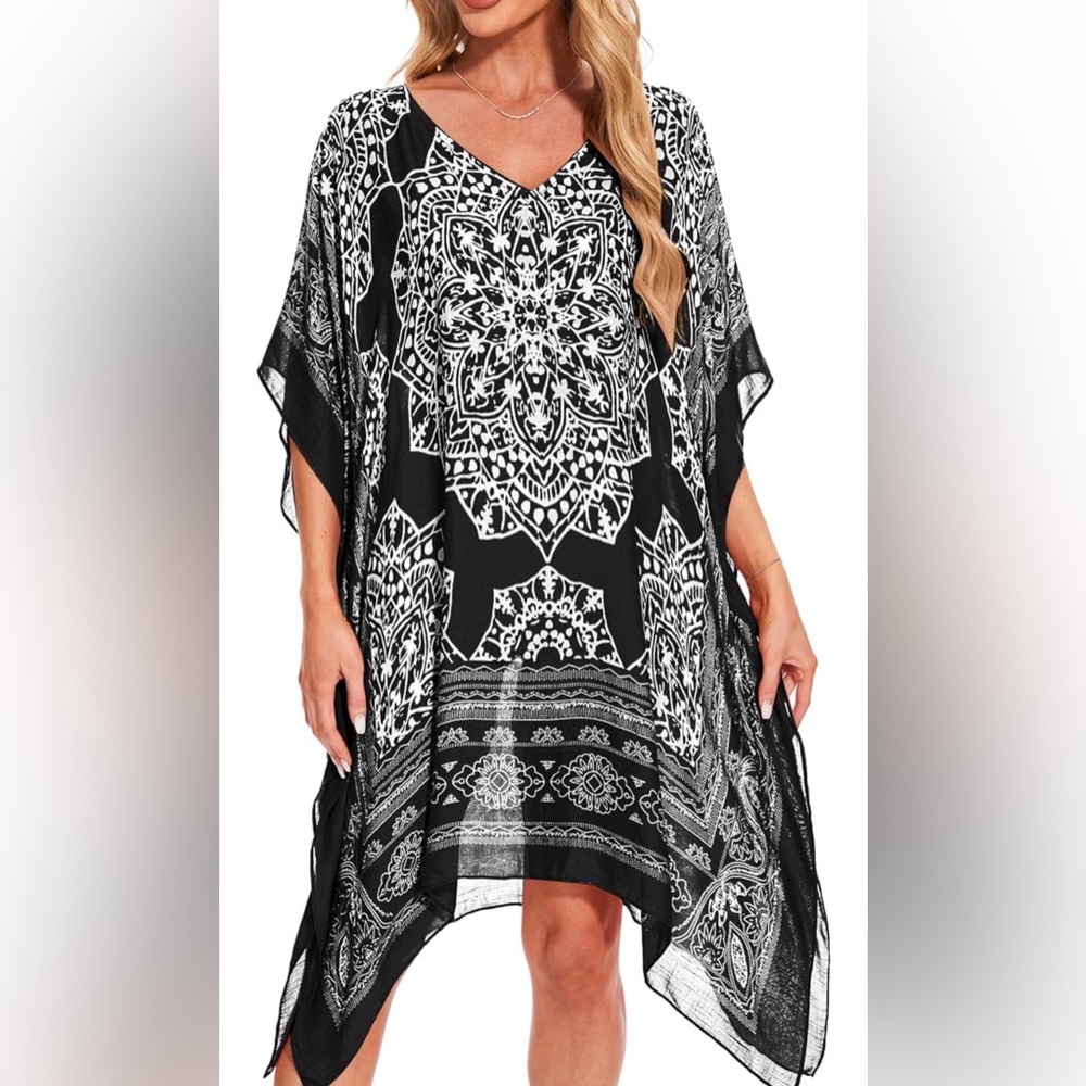 NWOT Black & White Printed Beach Cover-Up Tunic Kaftan - Picture 2 of 8